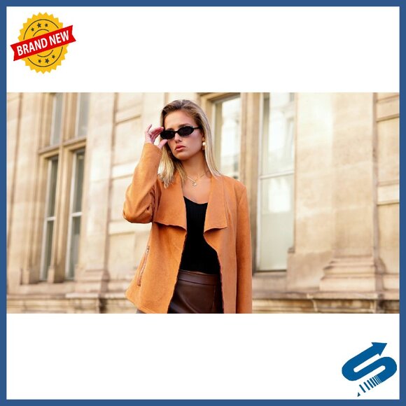 Faux Suede Cropped Jacket Open Front Waterfall Collar Women's Casual Coat - Picture 8 of 8